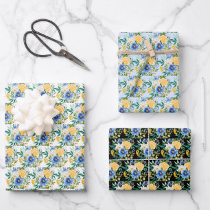 Hoja De Papel De Regalo Azul y Amarillo Floral