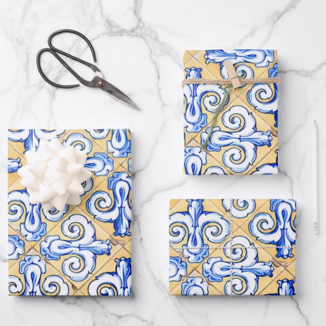Hoja De Papel De Regalo Azulejo azul, amarillo y blanco (Anverso)