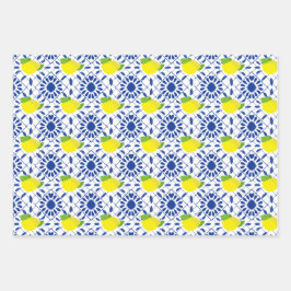 Hoja De Papel De Regalo Azulejo de limón geométrico azul