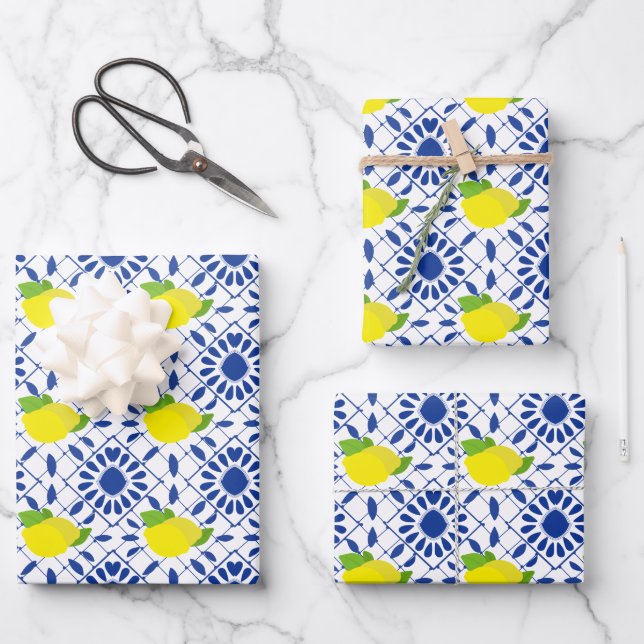 Hoja De Papel De Regalo Azulejo de limón geométrico azul (Anverso)