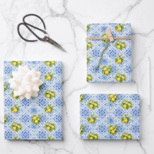 Hoja De Papel De Regalo Azulejo Mediterráneo Italiano Amarillo Azul Limone