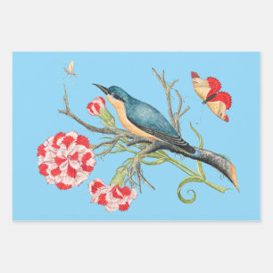 Hoja De Papel De Regalo Azulejo sobre claveles, ilustración vintage,