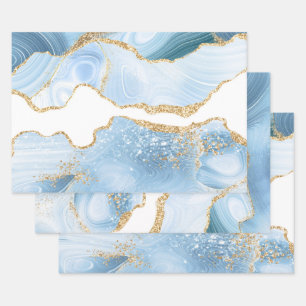 Hoja De Papel De Regalo Baby Blue y Faux Gold Purpurina Marble Agate