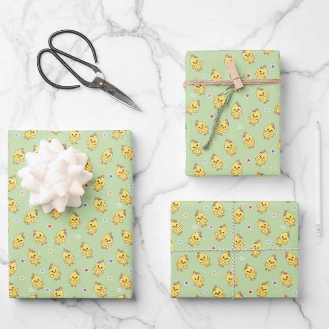 Hoja De Papel De Regalo Baby Chicks Whimsical Kawaii Pattern Green (Anverso)