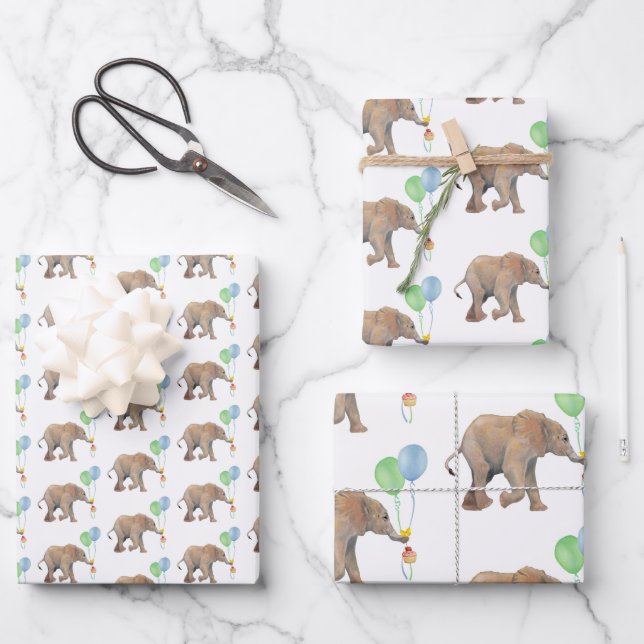 Hoja De Papel De Regalo Baby Elephant green & blue balloon Set x3.  (Anverso)