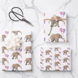 Hoja De Papel De Regalo Baby Elephant pink & violet balloon Set x3