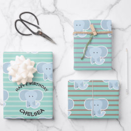 Hoja De Papel De Regalo Baby Elephant Stripes Happy Birday Set of