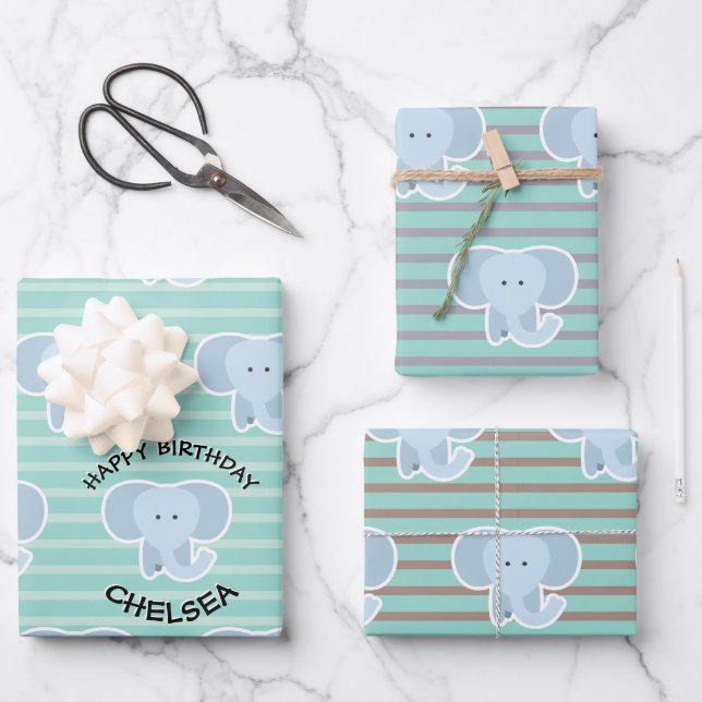 Hoja De Papel De Regalo Baby Elephant Stripes Happy Birday Set of (Anverso)