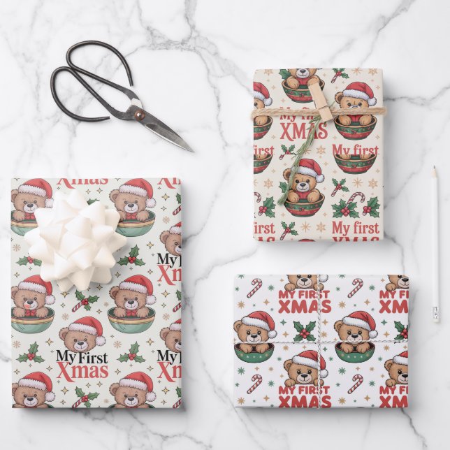 Hoja De Papel De Regalo Baby’s First Christmas Teddy  (Anverso)