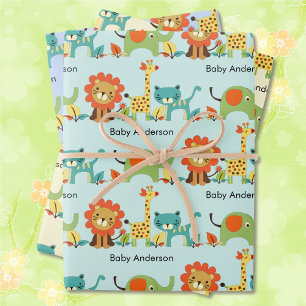 Hoja De Papel De Regalo Baby Shower Añadir el nombre de León Giraffe Eleph