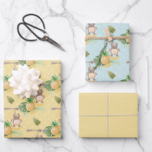 Hoja De Papel De Regalo Baby Shower de árbol de monos amarillo verde