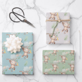 Hoja De Papel De Regalo Baby Shower de nubes de árbol de mono verde azul