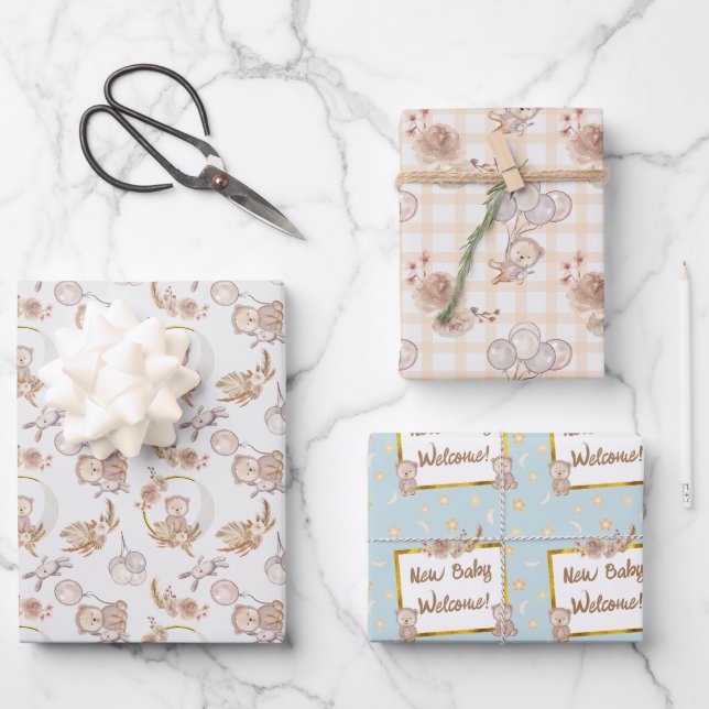 Hoja De Papel De Regalo Baby Shower Neutral Boho Bear Moon (Anverso)