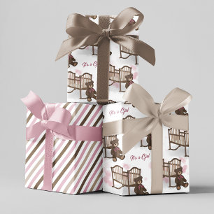 Hoja De Papel De Regalo Baby Shower rosa es un oso de peluche Chica