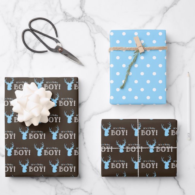 Hoja De Papel De Regalo Baby Shower Rustic Wood Blue Deer Boy (Anverso)