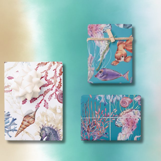 Hoja De Papel De Regalo Bajo el Mar Acuarela Cascada Hija Starfish Turtles (Under The Sea Watercolor Seahorse Starfish Turtles Wrapping Paper Sheets)