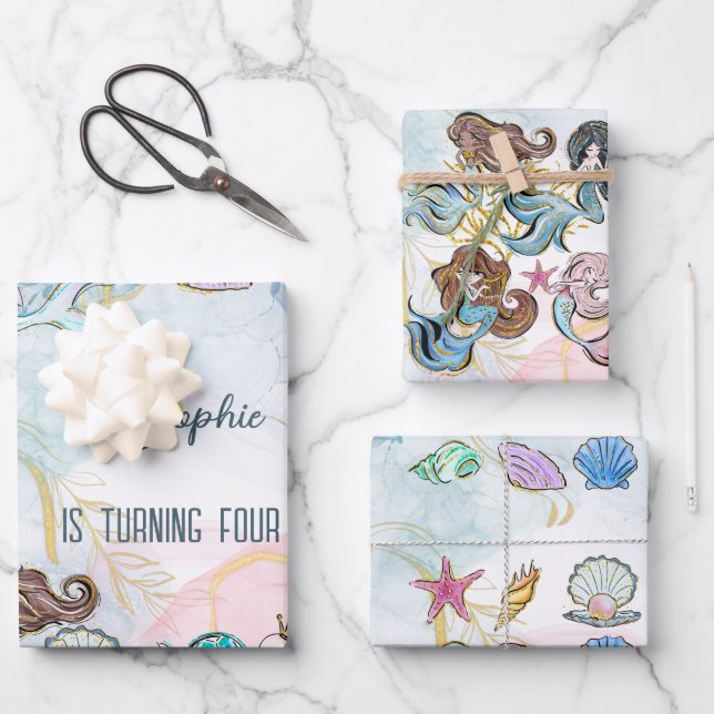 Hoja De Papel De Regalo Bajo el mar cumpleaños de las Sirenas (Anverso)