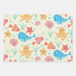 Hoja De Papel De Regalo Bajo el Mar Patrón de Criaturas Divertidas y Color