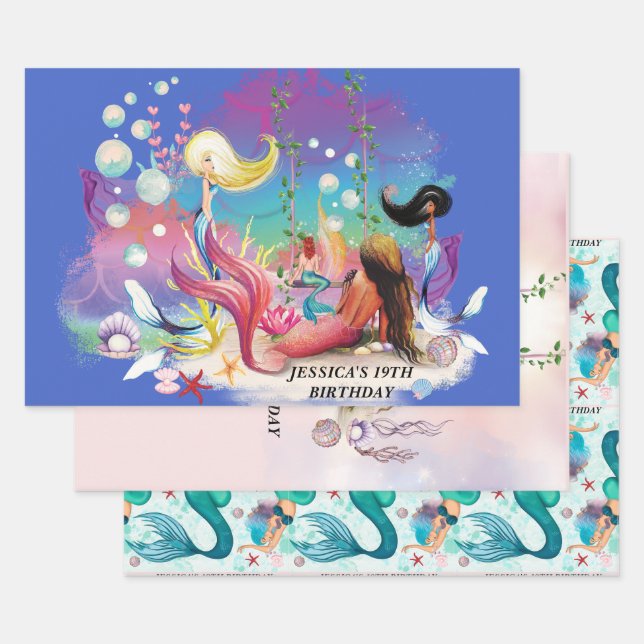 Hoja De Papel De Regalo Bajo la Sirena Mar Océano Púrpura Turquesa (Set)