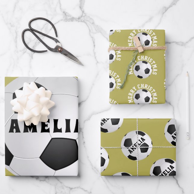 Hoja De Papel De Regalo Balas de fútbol niños nombran Feliz Navidad (Anverso)
