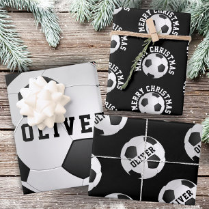 Hoja De Papel De Regalo Balas de fútbol niños nombran Navidades negros