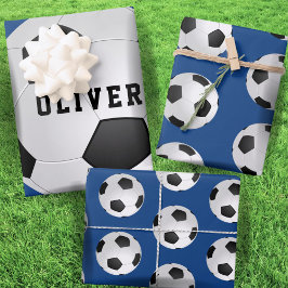 Hoja De Papel De Regalo Balas de fútbol niños nombre cumpleaños azul