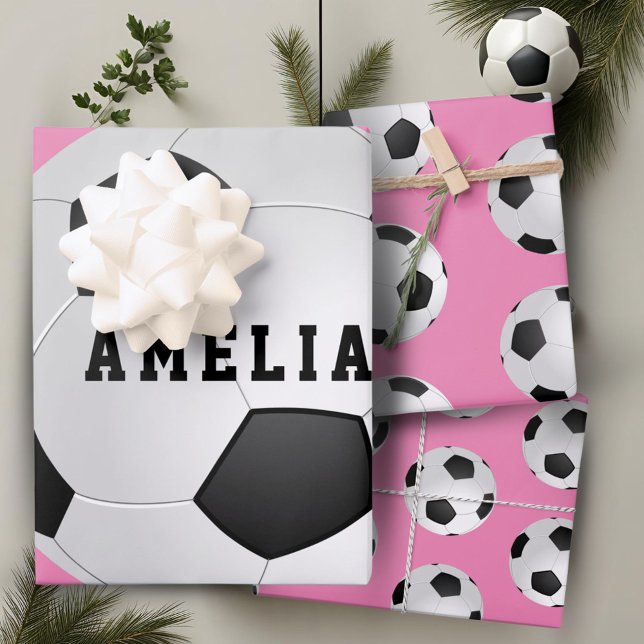 Hoja De Papel De Regalo Balas de fútbol niños nombre cumpleaños rosado (Subido por el creador)