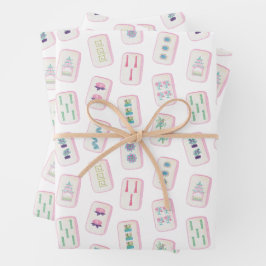 Hoja De Papel De Regalo Baldosas de color rosa y verde Mahjong