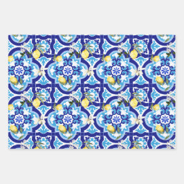 Hoja De Papel De Regalo Baldosas mediterráneas, azulejos azules, limón,