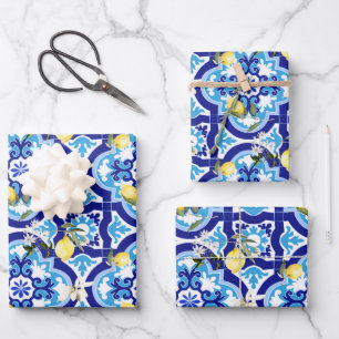 Hoja De Papel De Regalo Baldosas mediterráneas, azulejos azules, limón,