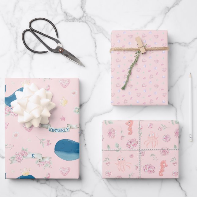 Hoja De Papel De Regalo Ballena Náutica Rosa Personalizada (Anverso)