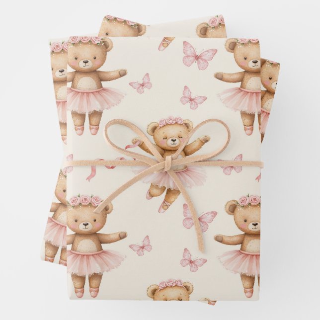 Hoja De Papel De Regalo Ballerina Teddy Bears Pink Tutus and Butterflies (In situ)