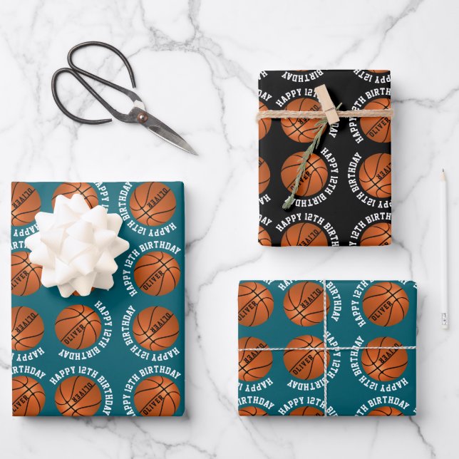 Hoja De Papel De Regalo Baloncesto Balas Niños Nombre Deportes Feliz Cumpl (Anverso)