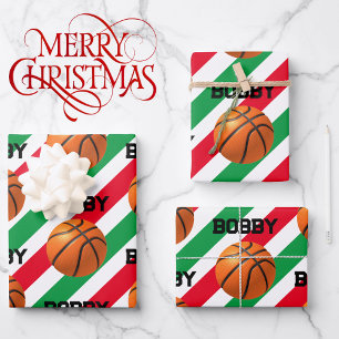 Hoja De Papel De Regalo Baloncesto con nombre infantil Navidades rojo y ve