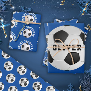Hoja De Papel De Regalo Balones de fútbol para niños nombre azul Navidad