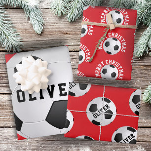 Hoja De Papel De Regalo Balones de fútbol para niños nombre rojo Navidad