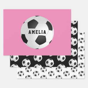 Hoja De Papel De Regalo Balones de Fútbol para Niños Nombre Rosa Cumpleaño