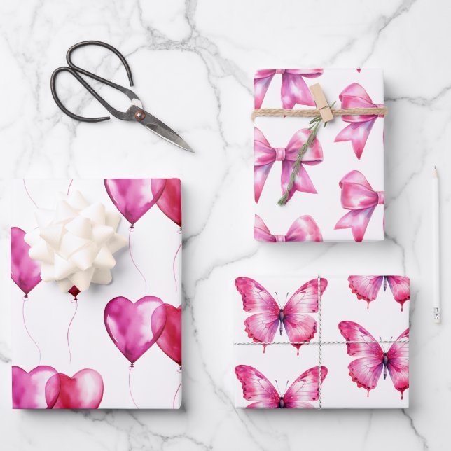 Hoja De Papel De Regalo Balones del corazón rosado Cumpleaños (Anverso)