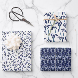 Hoja De Papel De Regalo Bambú japonés Seigaiha blanco y azul