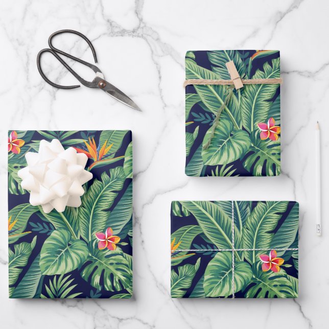 Hoja De Papel De Regalo Banana tropical Monstera Palm Leaves & Flores (Anverso)