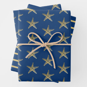 Hoja De Papel De Regalo Banda náutica Starfish Azul y Oro