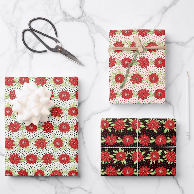 Hoja De Papel De Regalo Bandas de flores rojas (Anverso)