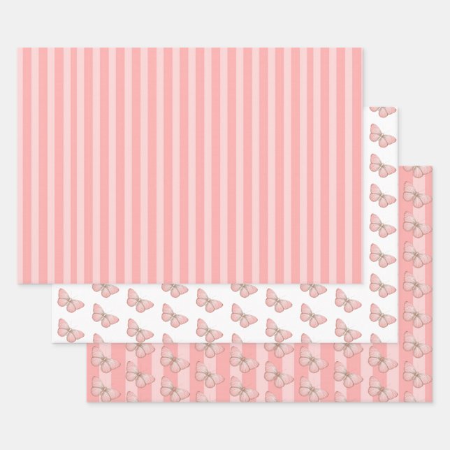 Hoja De Papel De Regalo Bandas de mariposa rosada (Set)