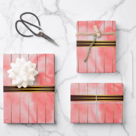 Hoja De Papel De Regalo Bandas Geométricas Rojas Y Oro Mármol Rosa