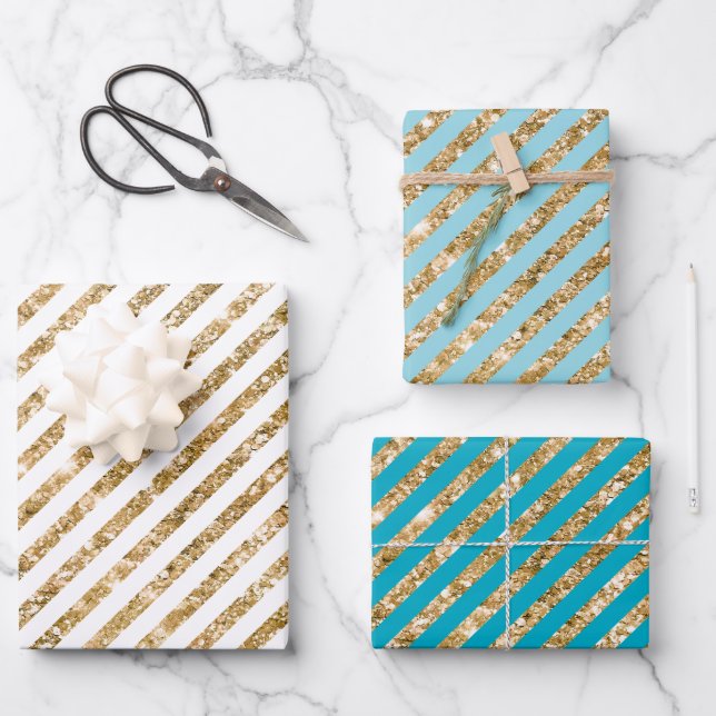 Hoja De Papel De Regalo Bandas Purpurinas Aqua Blue Gold (Anverso)