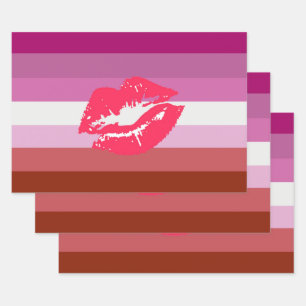 Hoja De Papel De Regalo Bandera de Orgullo Lesbiana con Lápiz Labial