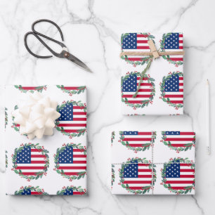 Hoja De Papel De Regalo Bandera estadounidense Navidades patrióticos Wreat