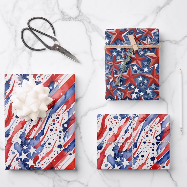 Hoja De Papel De Regalo Bandera Patriótica Americana Resumen Pintura Splas (Anverso)