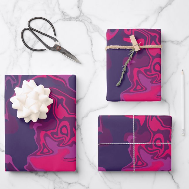 Hoja De Papel De Regalo Bañones de rosa brillante, morado oscuro y blanco (Anverso)