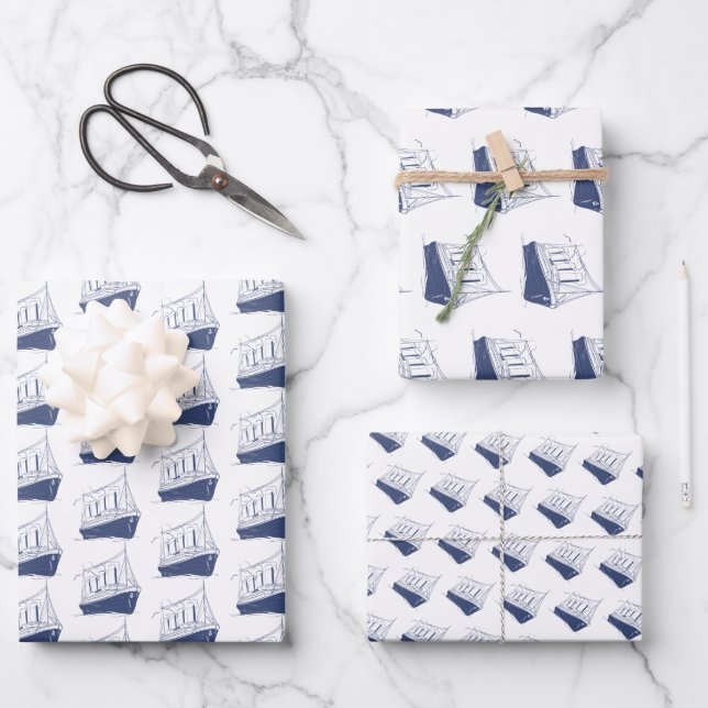 Hoja De Papel De Regalo Barco náutico azul y blanco (Anverso)